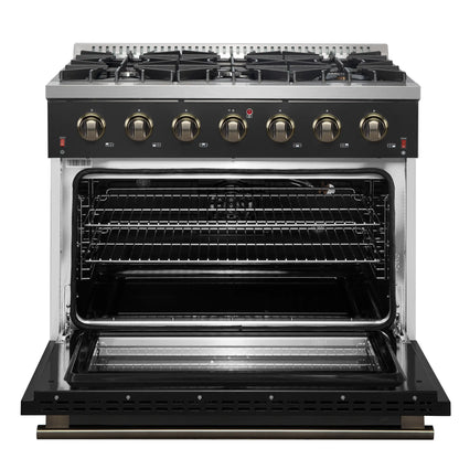 Forno 5-Piece Appliance Package - 36-Inch Gas Range, Wall Mount Range Hood, 60-Inch Convertible Refrigerator with Modern Trim, Dishwasher, and 30-Inch Microwave Drawer in Black with Antique Brass Handle - AP5-6244-36BLK-MWD30-60MG