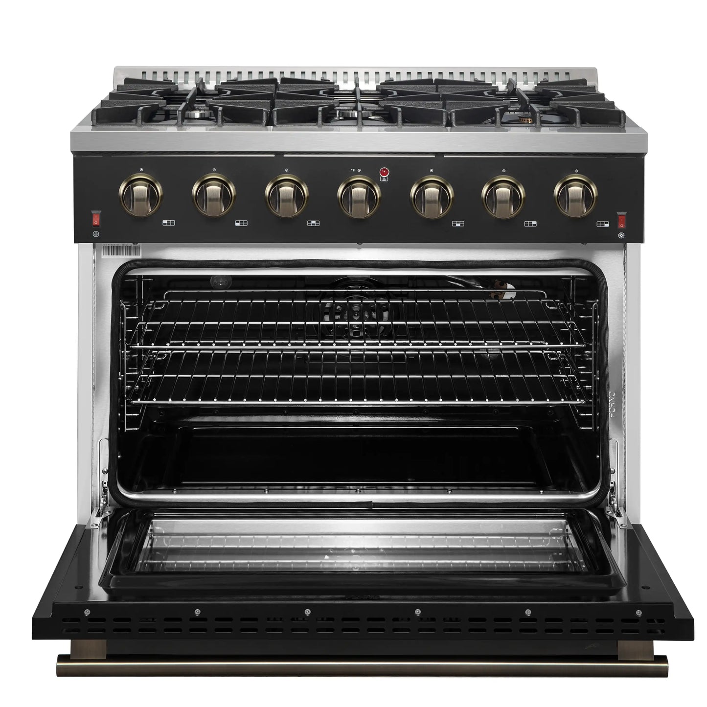 Forno 3-Piece Appliance Package - 36-Inch Gas Range, 60-Inch Convertible Refrigerator with Modern Trim, and Dishwasher in Black with Antique Brass Handle - AP3-6244-36BLK-60MG
