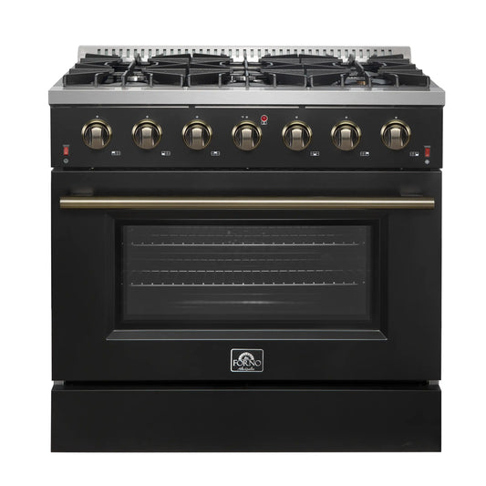 Forno 5-Piece Appliance Package - 36-Inch Gas Range, Wall Mount Range Hood, 60-Inch Convertible Refrigerator with Modern Trim, Dishwasher, and 24-Inch Microwave Drawer in Black with Antique Brass Handle - AP5-6244-36BLK-MWD24-60MG