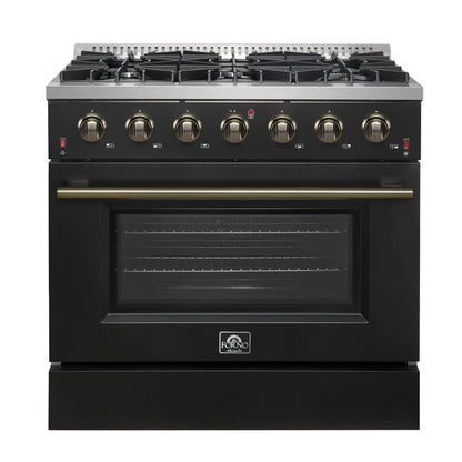 Forno Galiano 5-Piece Appliance Package - 36-Inch Gas Range, 36-Inch Hood, 36-Inch Refrigerator, 24-Inch Dishwasher, & 30-Inch Microwave Oven in Black with Antique Brass Trim - AP5-6244-36BLK-MWO30