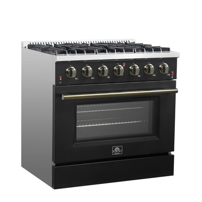 Forno 3-Piece Appliance Package - 36-Inch Gas Range, 60-Inch Convertible Refrigerator with Modern Trim, and Dishwasher in Black with Antique Brass Handle - AP3-6244-36BLK-60MG