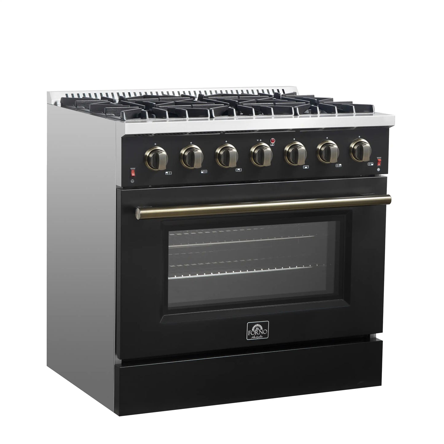 Forno 4-Piece Appliance Package - 36-Inch Gas Range, 60-Inch Convertible Refrigerator with Modern Trim, Dishwasher, and 24-Inch Microwave Oven in Black with Antique Brass Handle - AP4-6244-36BLK-MWO24-60MG