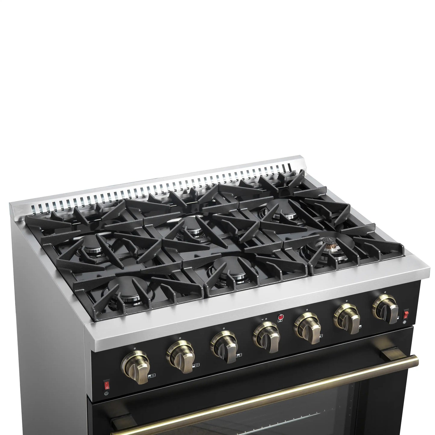 Forno 4-Piece Appliance Package - 36-Inch Gas Range, Wall Mount Range Hood, 36-Inch French Door Refrigerator, and Dishwasher in Black with Antique Brass Handle - AP4-6244-36BLK-5095
