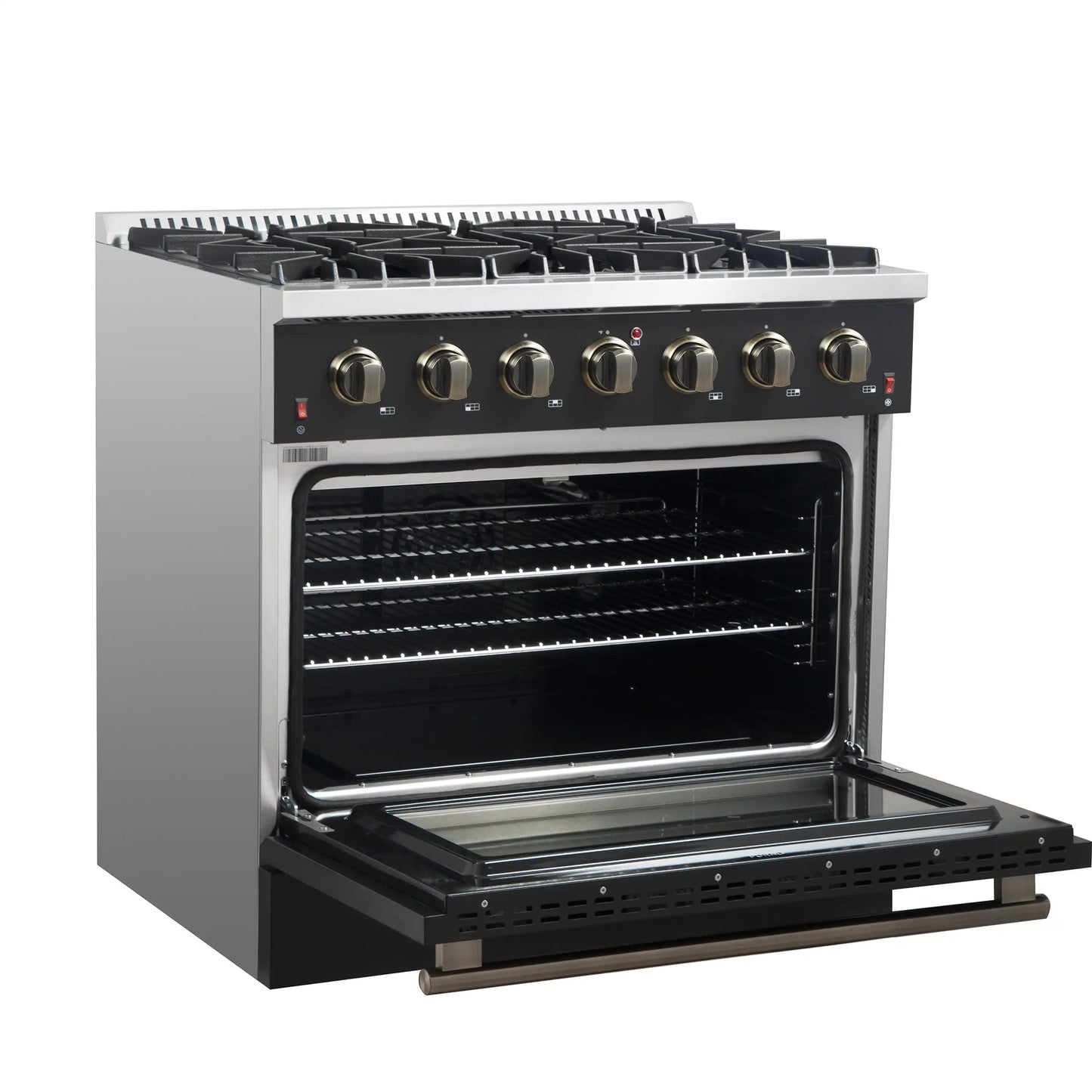 Forno 4-Piece Appliance Package - 36-Inch Gas Range, Wall Mount Range Hood, 36-Inch French Door Refrigerator, and Dishwasher in Black with Antique Brass Handle - AP4-6244-36BLK-5095