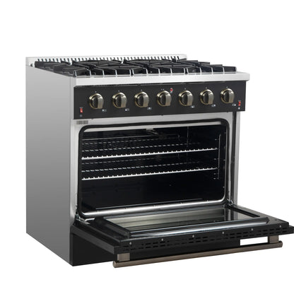 Forno 5-Piece Appliance Package - 36-Inch Gas Range, Wall Mount Range Hood, 60-Inch Convertible Refrigerator with Modern Trim, Dishwasher, and 24-Inch Microwave Drawer in Black with Antique Brass Handle - AP5-6244-36BLK-MWD24-60MG