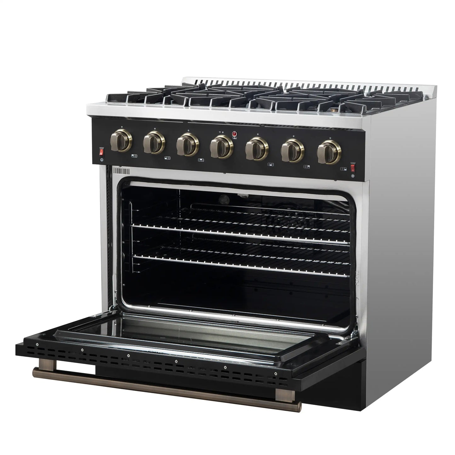 Forno 5-Piece Appliance Package - 36-Inch Gas Range, Wall Mount Range Hood, 60-Inch Convertible Refrigerator with Modern Trim, Dishwasher, and 24-Inch Microwave Drawer in Black with Antique Brass Handle - AP5-6244-36BLK-MWD24-60MG