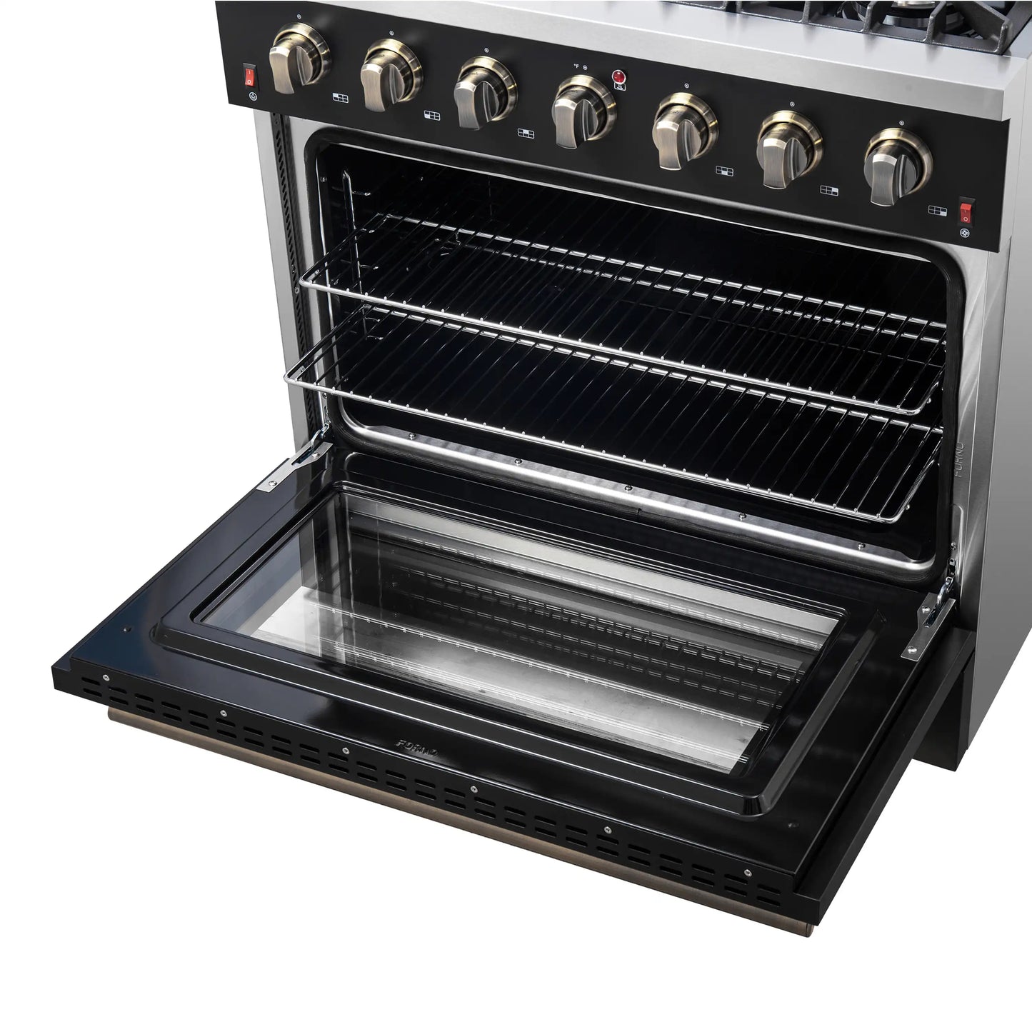 Forno 4-Piece Appliance Package - 36-Inch Gas Range, 60-Inch Convertible Refrigerator with Modern Trim, Dishwasher, and 24-Inch Microwave Oven in Black with Antique Brass Handle - AP4-6244-36BLK-MWO24-60MG