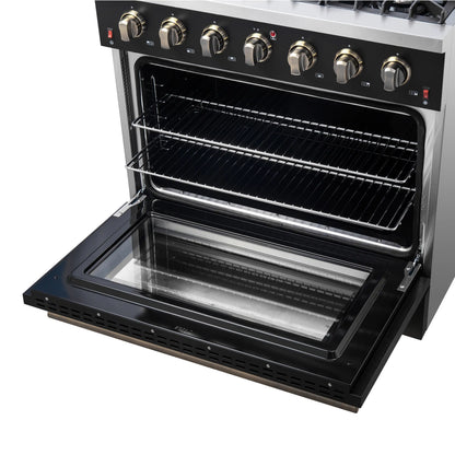 Forno 4-Piece Appliance Package - 36-Inch Gas Range, Wall Mount Range Hood, 36-Inch French Door Refrigerator, and Dishwasher in Black with Antique Brass Handle - AP4-6244-36BLK-5095