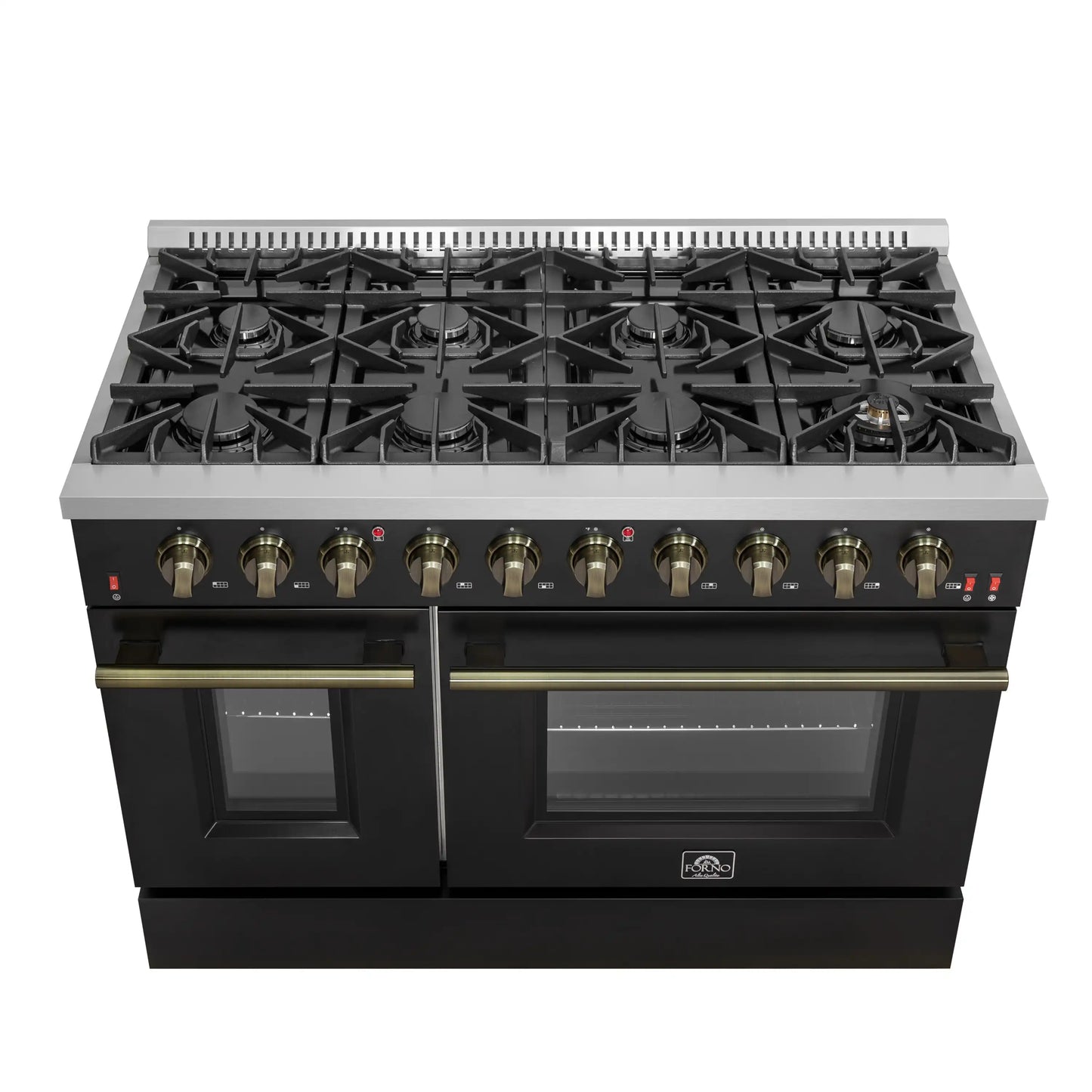 Forno 5-Piece Appliance Package - 48-Inch Gas Range, Wall Mount Range Hood, 60-Inch Refrigerator, Dishwasher, and 24-Inch Microwave Drawer in Black with Antique Brass Handle - AP5-6244-48BLK-5095-60MG-MD24