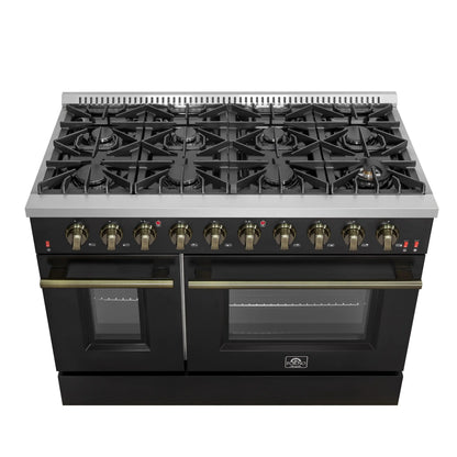 Forno 5-Piece Appliance Package - 48-Inch Gas Range, Wall Mount Range Hood, 60-Inch Refrigerator, Dishwasher, and 24-Inch Microwave Drawer in Black with Antique Brass Handle - AP5-6244-48BLK-5095-60MG-MD24