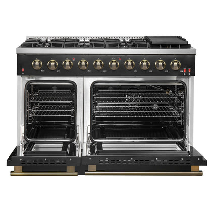 Forno Galiano 48-Inch Gas Range with 8 Burners and  6.58 Cu.Ft. Double Convection Oven in Black with Antique Brass Trim  - FFSGS6244-48BLK