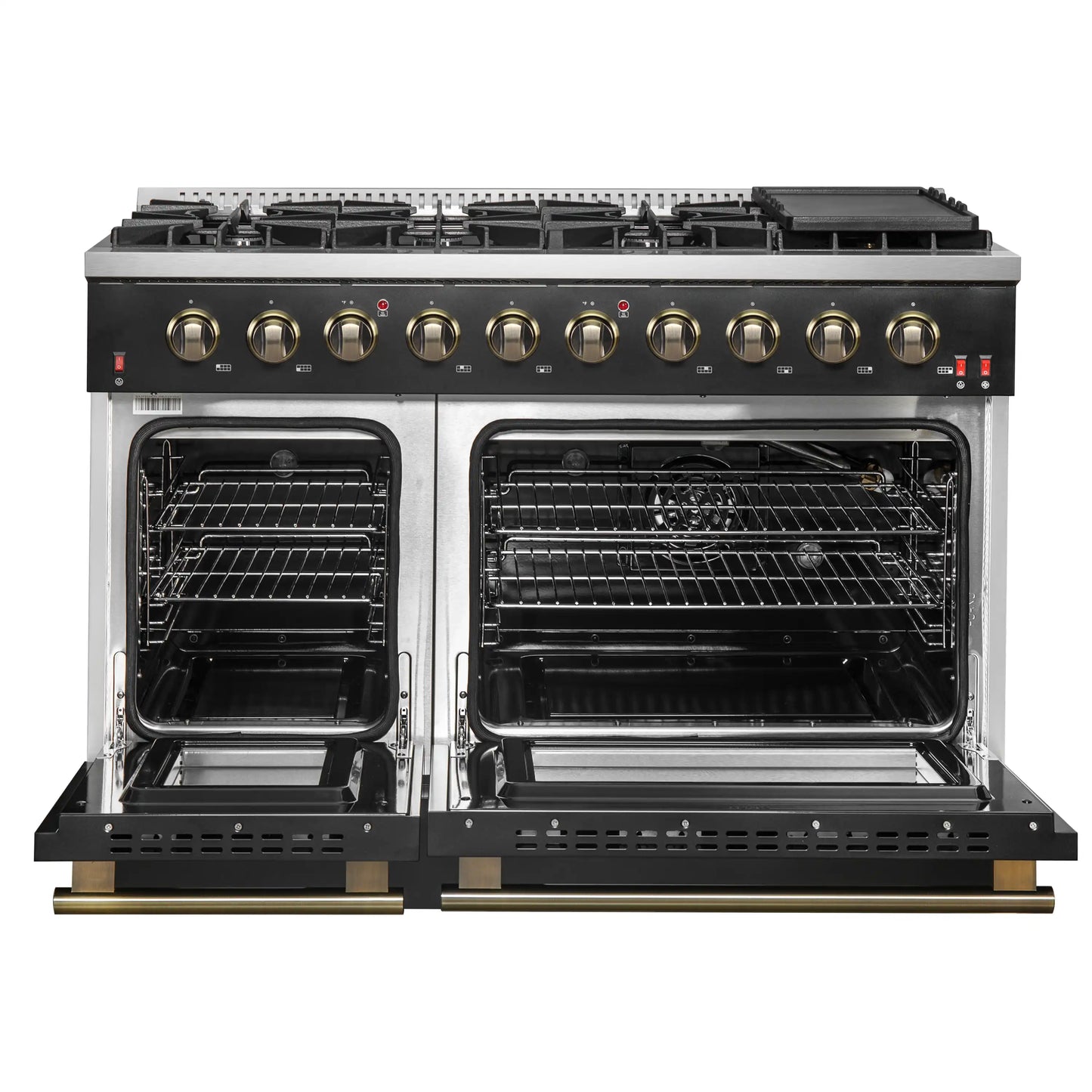 Forno 5-Piece Appliance Package - 48-Inch Gas Range, 60-Inch Convertible Refrigerator with Modern Trim, Dishwasher, and 24-Inch Microwave Oven in Black with Antique Brass Handle - AP5-6244-48BLK-MWO24-60MG