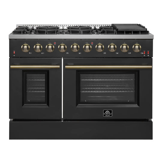 Forno Galiano 5-Piece Appliance Package - 48-Inch Gas Range, 48-Inch Hood, 36-Inch Refrigerator, 24-Inch Dishwasher, & 30-Inch Microwave Drawer in Black with Antique Brass Trim - AP5-6244-48BLK-MWD30
