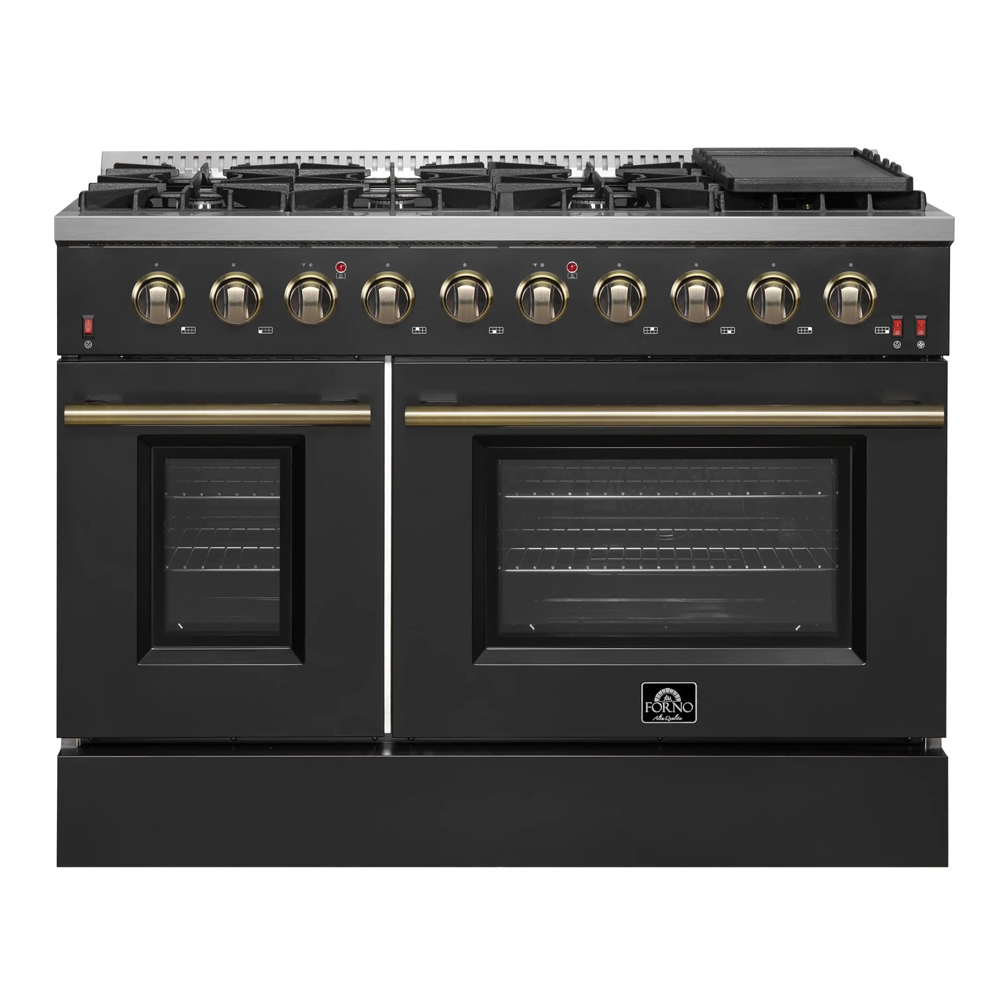 Forno 5-Piece Appliance Package - 48-Inch Gas Range, 60-Inch Convertible Refrigerator with Modern Trim, Dishwasher, and 30-Inch Microwave Drawer in Black with Antique Brass Handle - AP5-6244-48BLK-MWD30-60MG