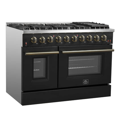 Forno Galiano 5-Piece Appliance Package - 48-Inch Gas Range, 48-Inch Hood, 36-Inch Refrigerator, 24-Inch Dishwasher, & 30-Inch Microwave Drawer in Black with Antique Brass Trim - AP5-6244-48BLK-MWD30