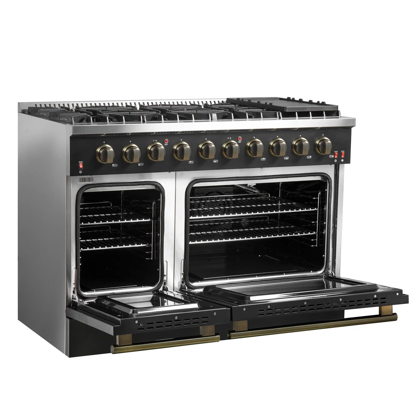 Forno 5-Piece Appliance Package - 48-Inch Gas Range, 60-Inch Convertible Refrigerator with Modern Trim, Dishwasher, and 24-Inch Microwave Drawer in Black with Antique Brass Handle - AP5-6244-48BLK-MWD24-60MG