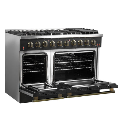 Forno 5-Piece Appliance Package - 48-Inch Gas Range, 60-Inch Convertible Refrigerator with Modern Trim, Dishwasher, and 24-Inch Microwave Oven in Black with Antique Brass Handle - AP5-6244-48BLK-MWO24-60MG