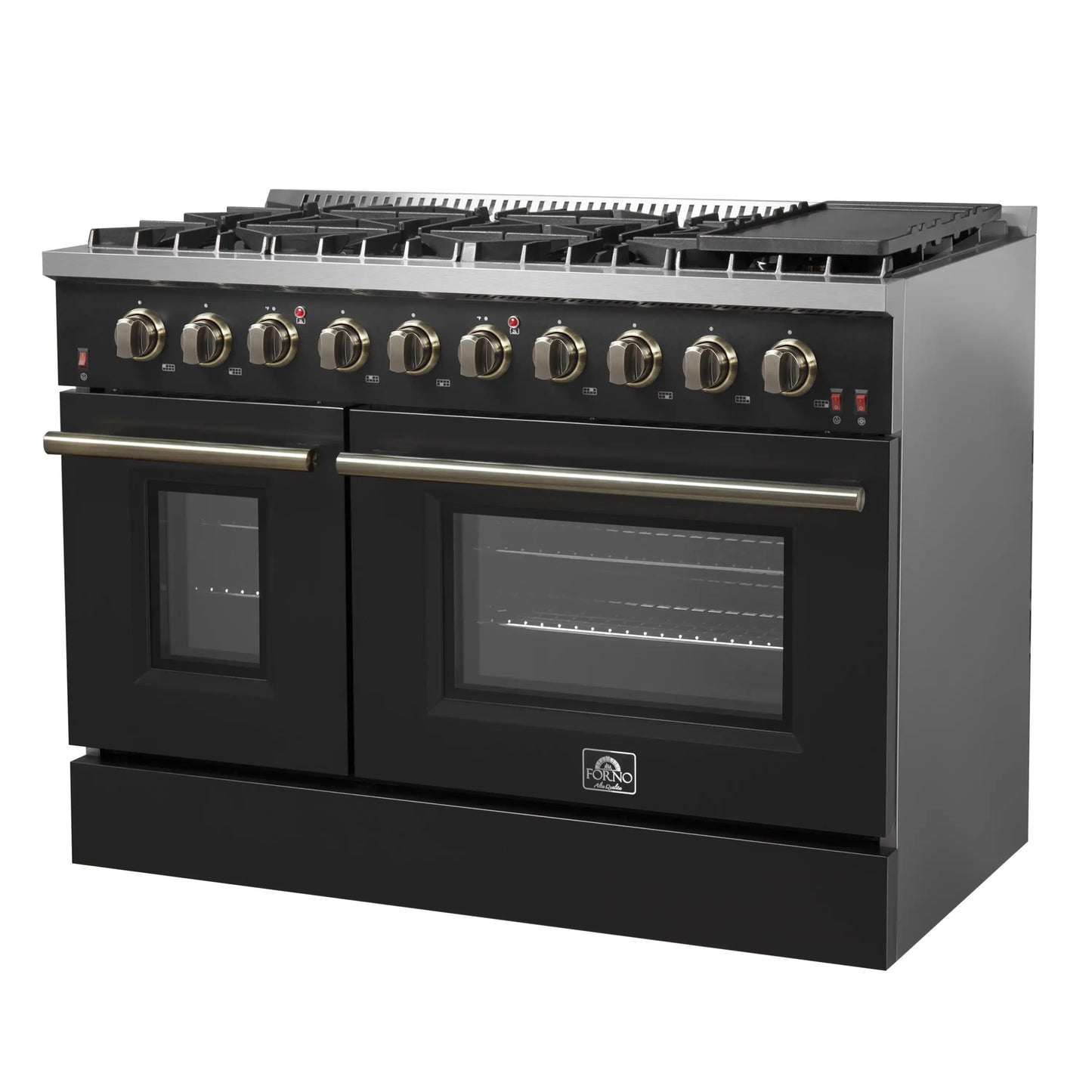 Forno Galiano 5-Piece Appliance Package - 48-Inch Gas Range, 48-Inch Hood, 36-Inch Refrigerator, 24-Inch Dishwasher, & 24-Inch Microwave Drawer in Black with Antique Brass Trim - AP5-6244-48BLK-MWD24
