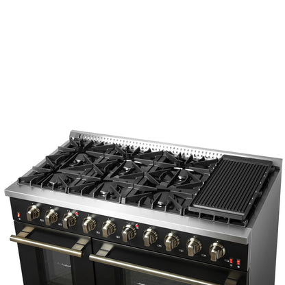 Forno 5-Piece Appliance Package - 48-Inch Gas Range, Wall Mount Range Hood, 60-Inch Refrigerator, Dishwasher, and 30-Inch Microwave Drawer in Black with Antique Brass Handle - AP5-6244-48BLK-5095-60MG-MD30