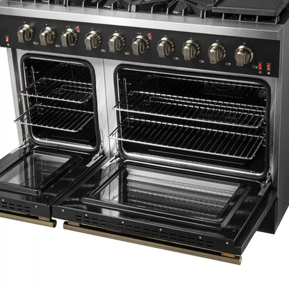 Forno 5-Piece Appliance Package - 48-Inch Gas Range, Wall Mount Range Hood, 36-Inch Refrigerator, Dishwasher, and 24-Inch Microwave Drawer in Black with Antique Brass Handle - AP5-6244-48BLK-5095-MD24