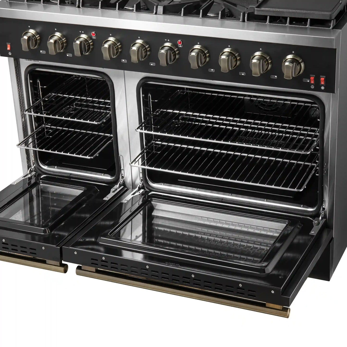 Forno Galiano 5-Piece Appliance Package - 48-Inch Gas Range, 48-Inch Hood, 36-Inch Refrigerator, 24-Inch Dishwasher, & 24-Inch Microwave Oven in Black with Antique Brass Trim - AP5-6244-48BLK-MWO24