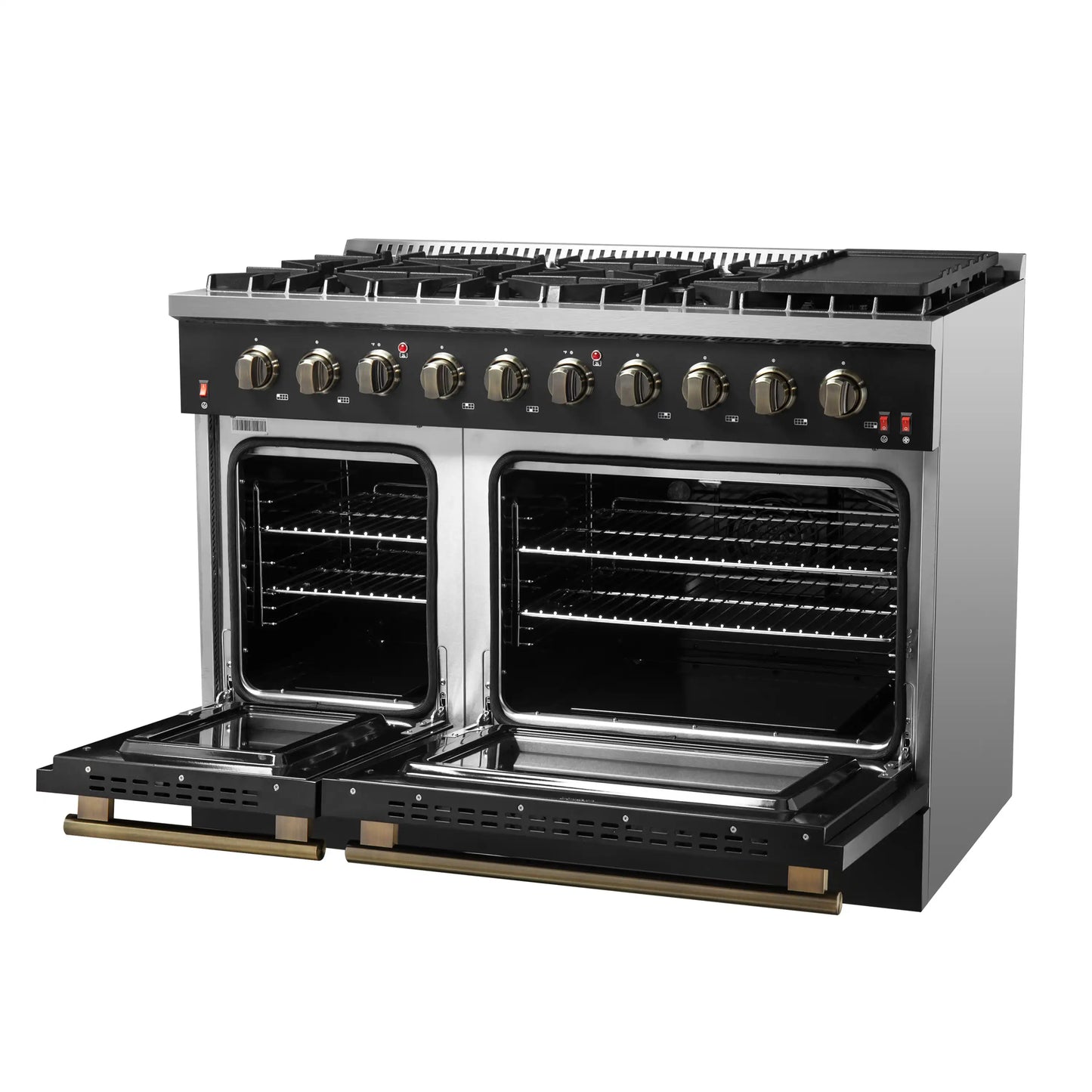 Forno Galiano 48-Inch Gas Range with 8 Burners and  6.58 Cu.Ft. Double Convection Oven in Black with Antique Brass Trim  - FFSGS6244-48BLK