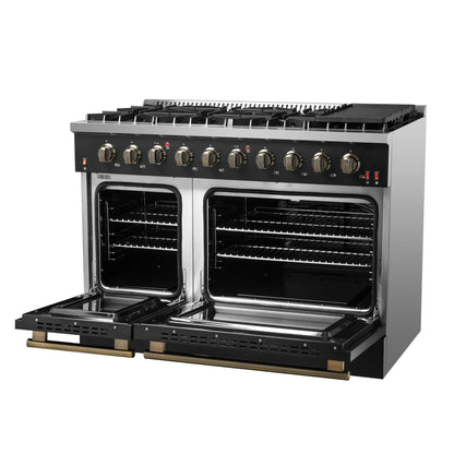 Forno Galiano 48-Inch Gas Range with 8 Burners and  6.58 Cu.Ft. Double Convection Oven in Black with Antique Brass Trim  - FFSGS6244-48BLK