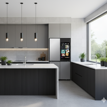 SAMSUNG Bespoke 36" 29 cu. ft. Standard Depth 4-Door Flex Refrigerator with AI Family Hub+ & AI Vision Inside in Stainless Steel - RF29DB9900QDAA