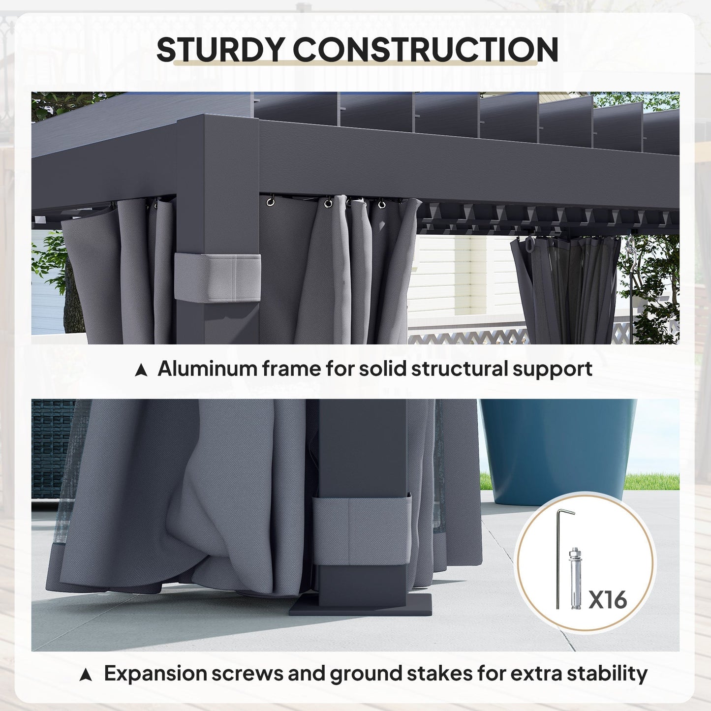 Outsunny 10' x 13' Aluminum Pergola with Adjustable Louvered Roof, Includes Curtains & Netting, Dark Gray - 84C-510V01CG