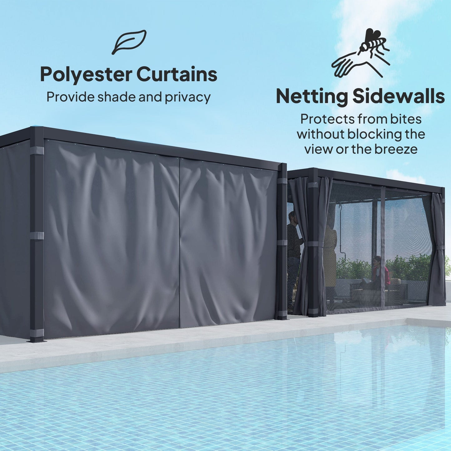 Outsunny 10' x 13' Aluminum Pergola with Adjustable Louvered Roof, Includes Curtains & Netting, Dark Gray - 84C-510V01CG