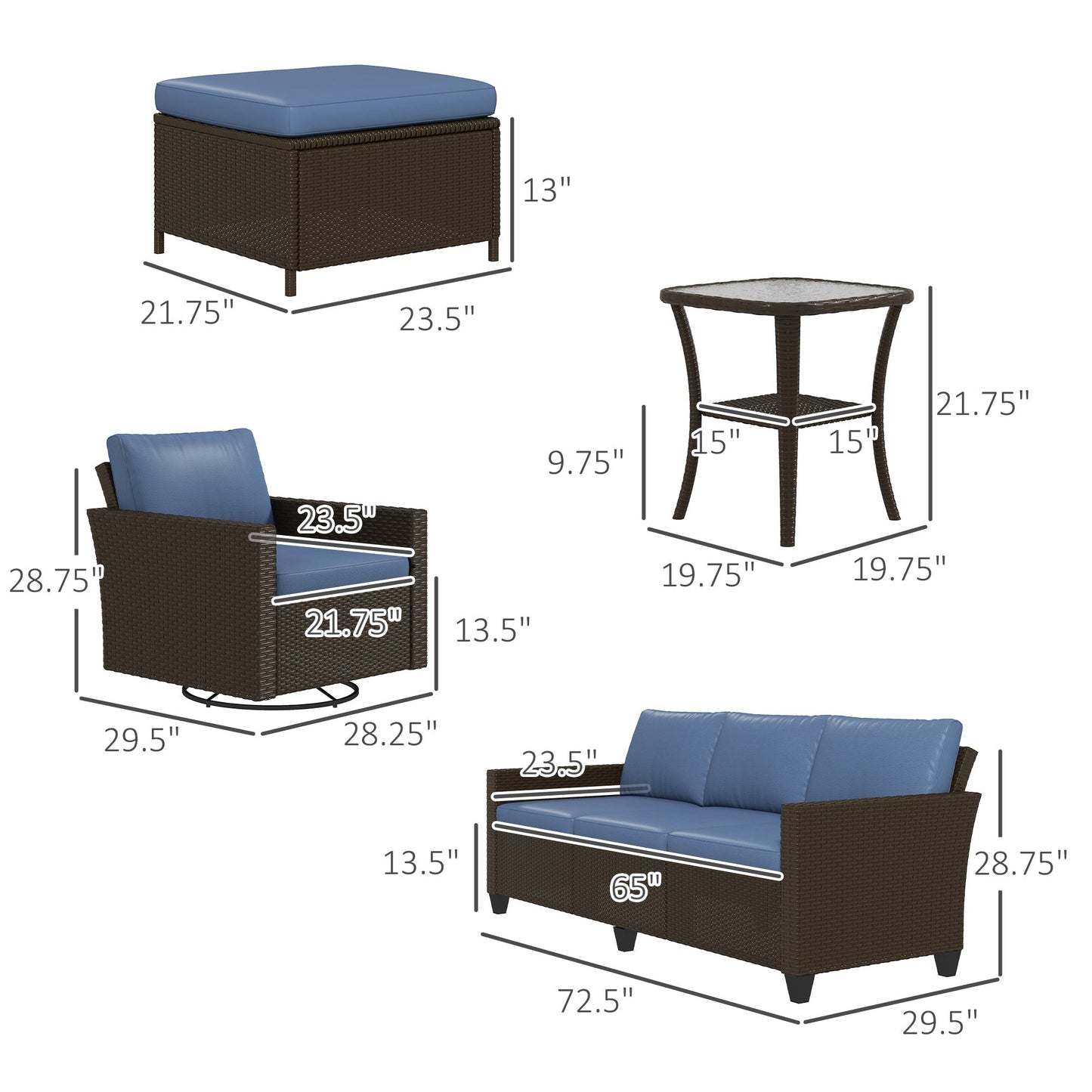 Outsunny 6-Piece Rattan Patio Set with 3-Seater Sofa, Swivel Rockers & 2-Tier Table, Deep Coffee - 860-312V00CF