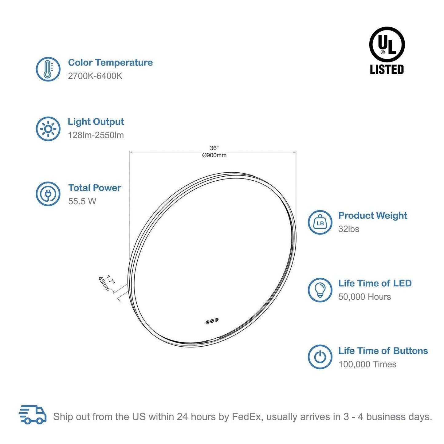 Blossom Oskar 36 Inch Round LED Mirror - LED M7 R36 MB - Backyard Provider