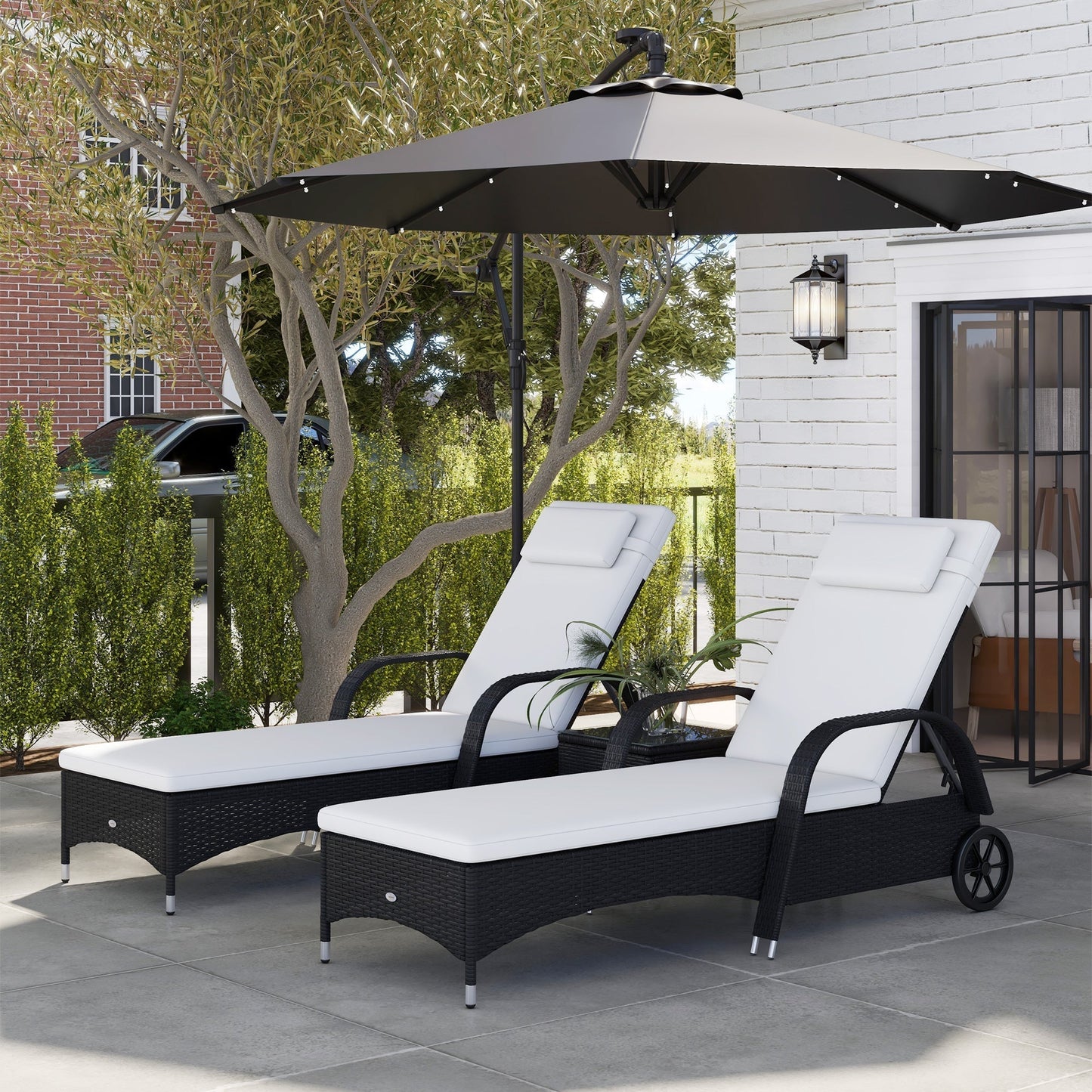 3-Piece Patio Chaise Lounge Chair with Table, 5-Level Adjustable Backrest & Wheels, Black - 862-011BK