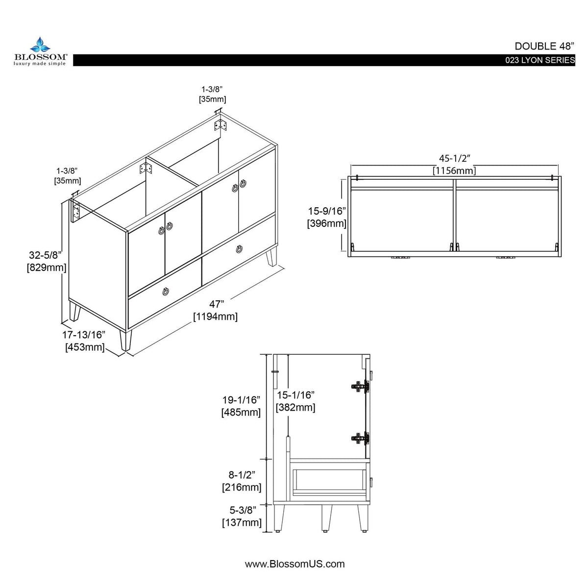 Blossom Lyon 48 Inch Bathroom Vanity – Double Sinks - V8023 48 01D