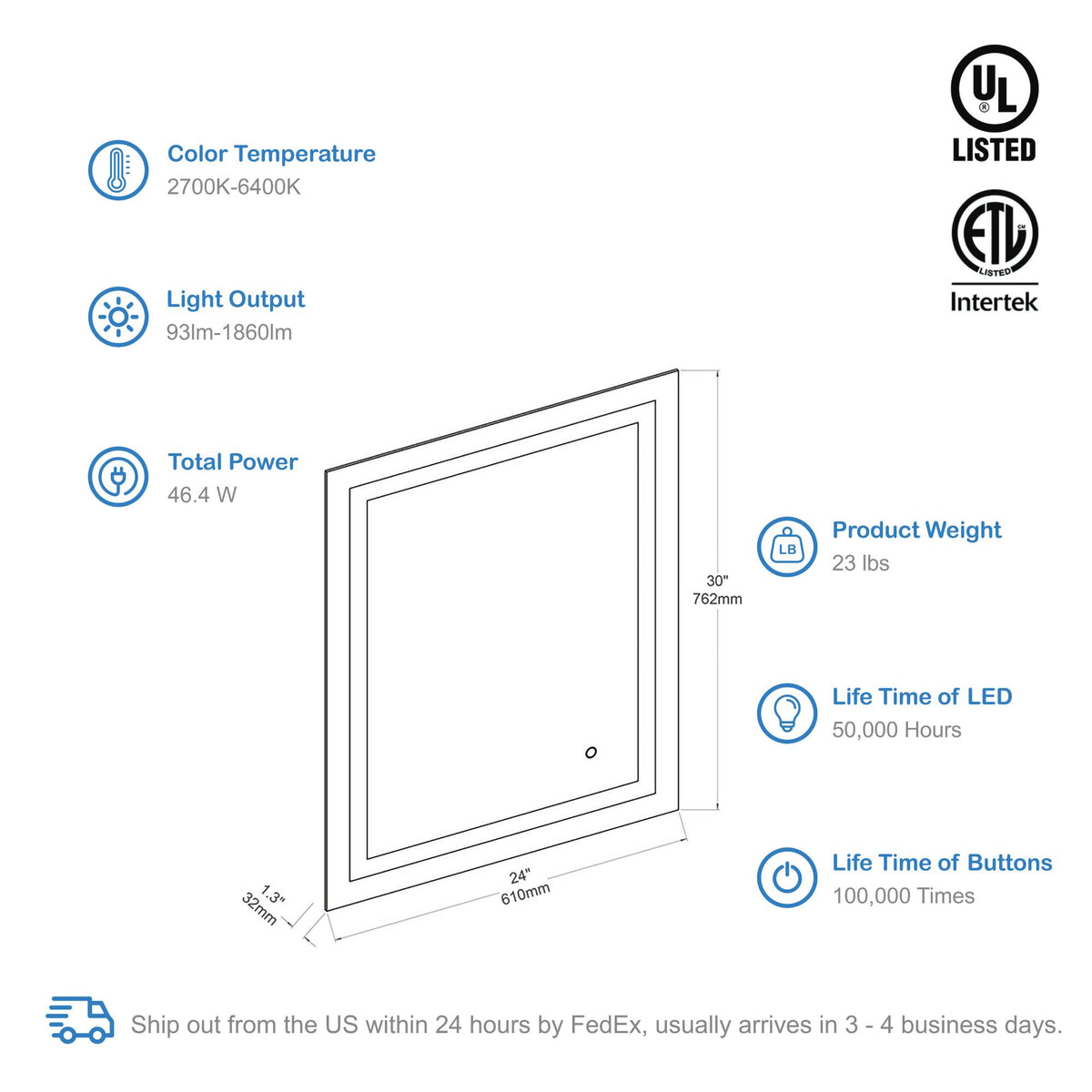 Blossom Lyra 24 x 30 Inch LED Mirror - LED M8 2430