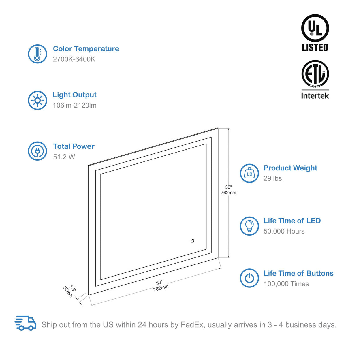Blossom Lyra 30 x 30 Inch LED Mirror  - LED M8 3030