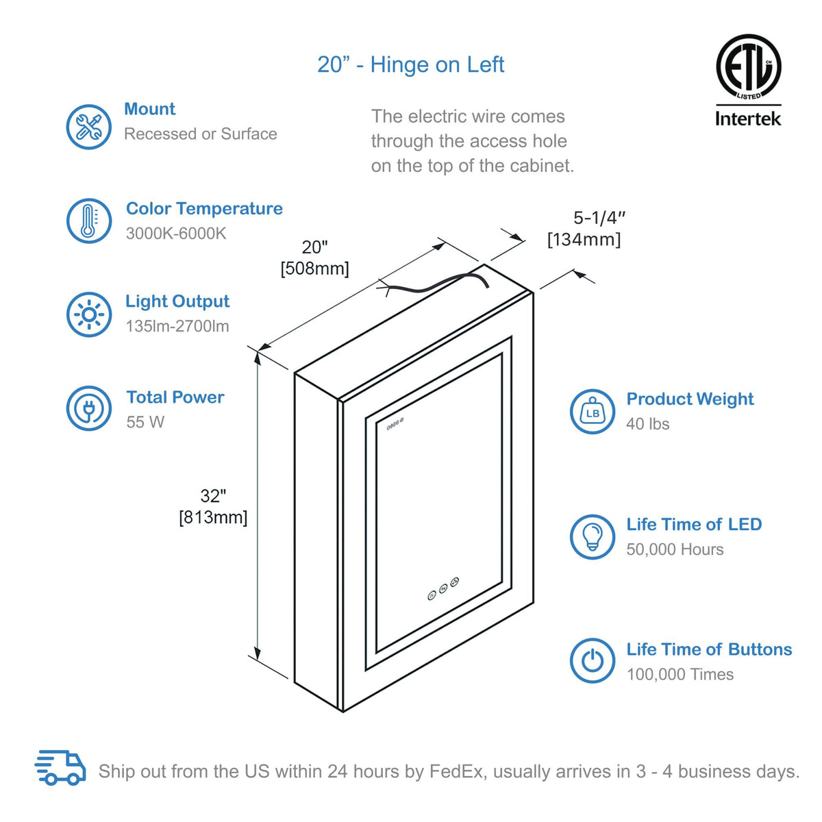 Blossom Asta – 20 Inches LED Medicine Cabinet - MCL2 2032L