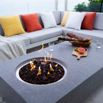 Metropolis Fire Table Light Gray with Flame closeup