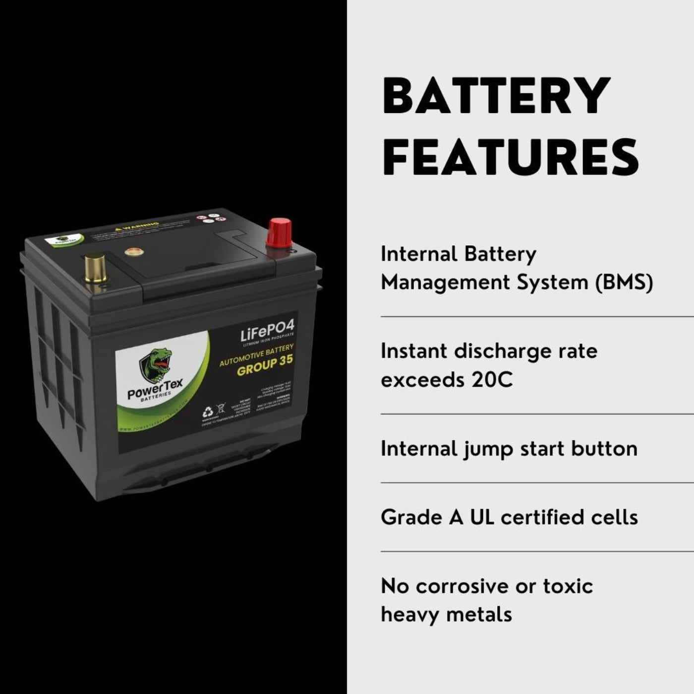 PowerTex 2014 Nissan 370Z Car Battery BCI Group 35 / Q85 Lithium LiFePO4 Automotive Battery - PTLG35-278