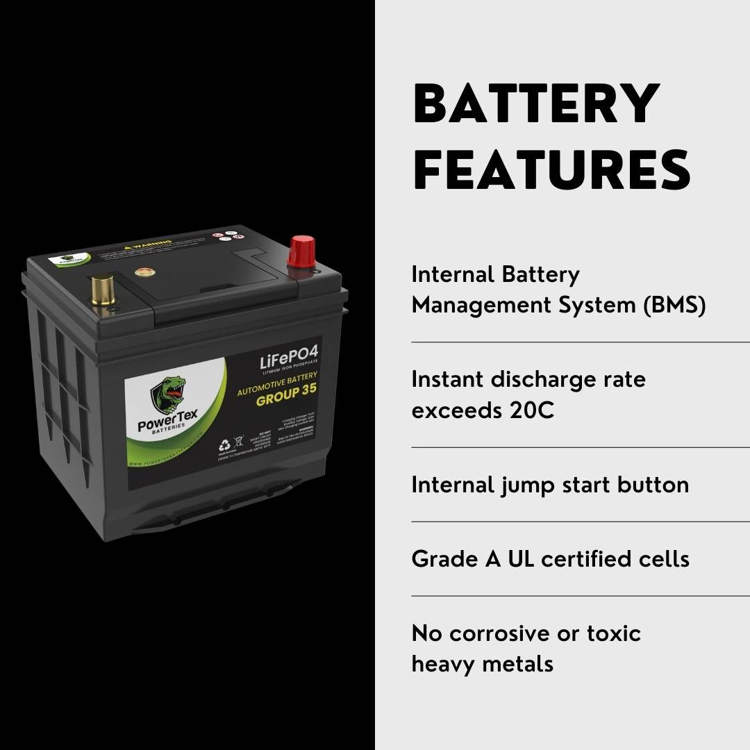 PowerTex 2018 Nissan Murano Car Battery BCI Group 35 / Q85 Lithium LiFePO4 Automotive Battery - PTLG35-247