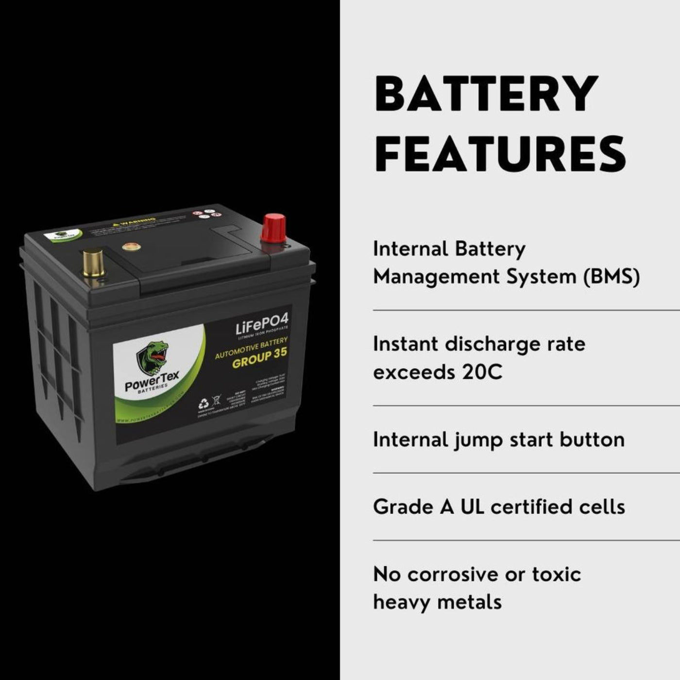 PowerTex 2023 Toyota Tacoma V6 3.5L Replacement Car Battery BCI Group 35 Lithium LiFePO - PTLG35-0434 Automotive Powertex Battery