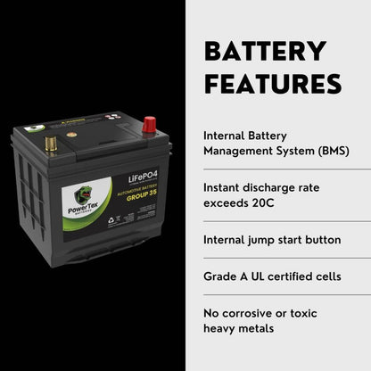 PowerTex 2023 Toyota Tacoma V6 3.5L Replacement Car Battery BCI Group 35 Lithium LiFePO - PTLG35-0434 Automotive Powertex Battery