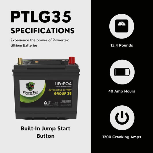 PowerTex 2008 Toyota Solara Car Battery BCI Group 35 / Q85 Lithium LiFePO4 Automotive Battery - PTLG35-483