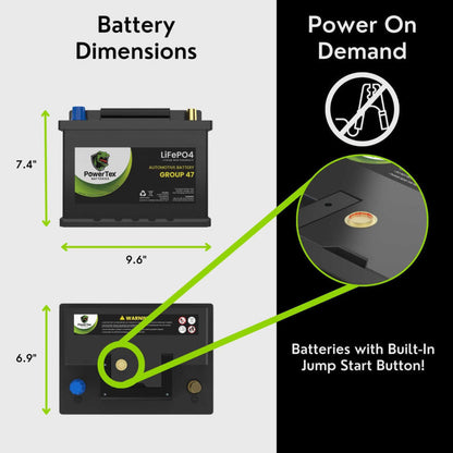 PowerTex 2022 Volkswagen Vento L4 1.6LReplacement Car Battery BCI Group 47 Lithium LiFePO4 Automotive Powertex Battery - PTLG47-0101