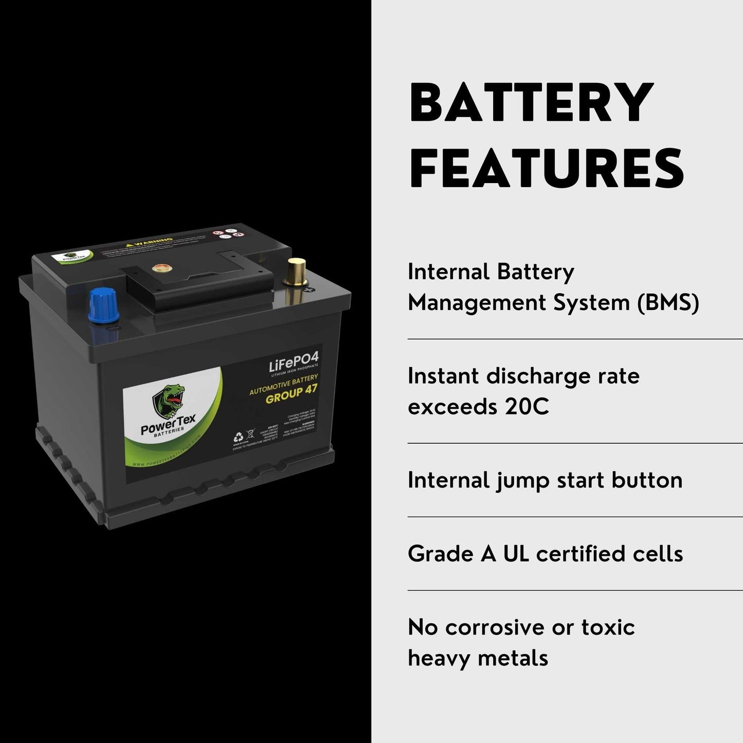 PowerTex 2018 Acura NSX Car Battery BCI Group 47 H5 Lithium LiFePO4 Replacement Automotive Battery - PTLG47-3