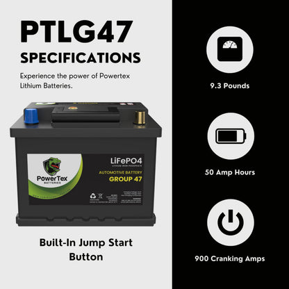 PowerTex 2022 Volkswagen Atlas V6 3.6LReplacement Car Battery BCI Group 47 Lithium LiFePO4 Automotive Powertex Battery - PTLG47-094
