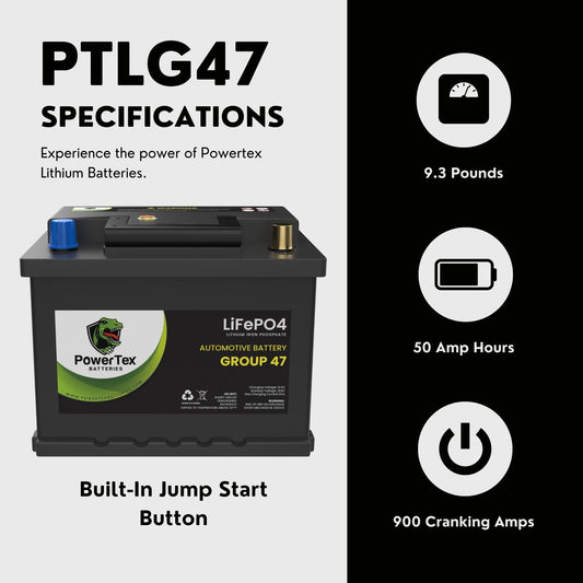 PowerTex 2010 Audi A5 Car Battery BCI Group 47 H5 Lithium LiFePO4 Replacement Automotive Battery - PTLG47-126