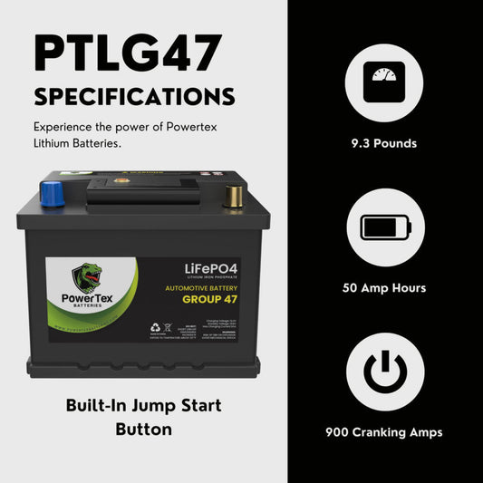 PowerTex 2023 Toyota Venza L4 2.5LReplacement Car Battery BCI Group 47 Lithium LiFePO4 Automotive Powertex Battery - PTLG47-070