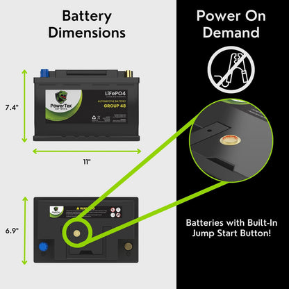 2022 Jeep Wrangler V6 3.0L Replacement Car Battery BCI Group 48 Lithium LiFePO4 Automotive Powertex Battery