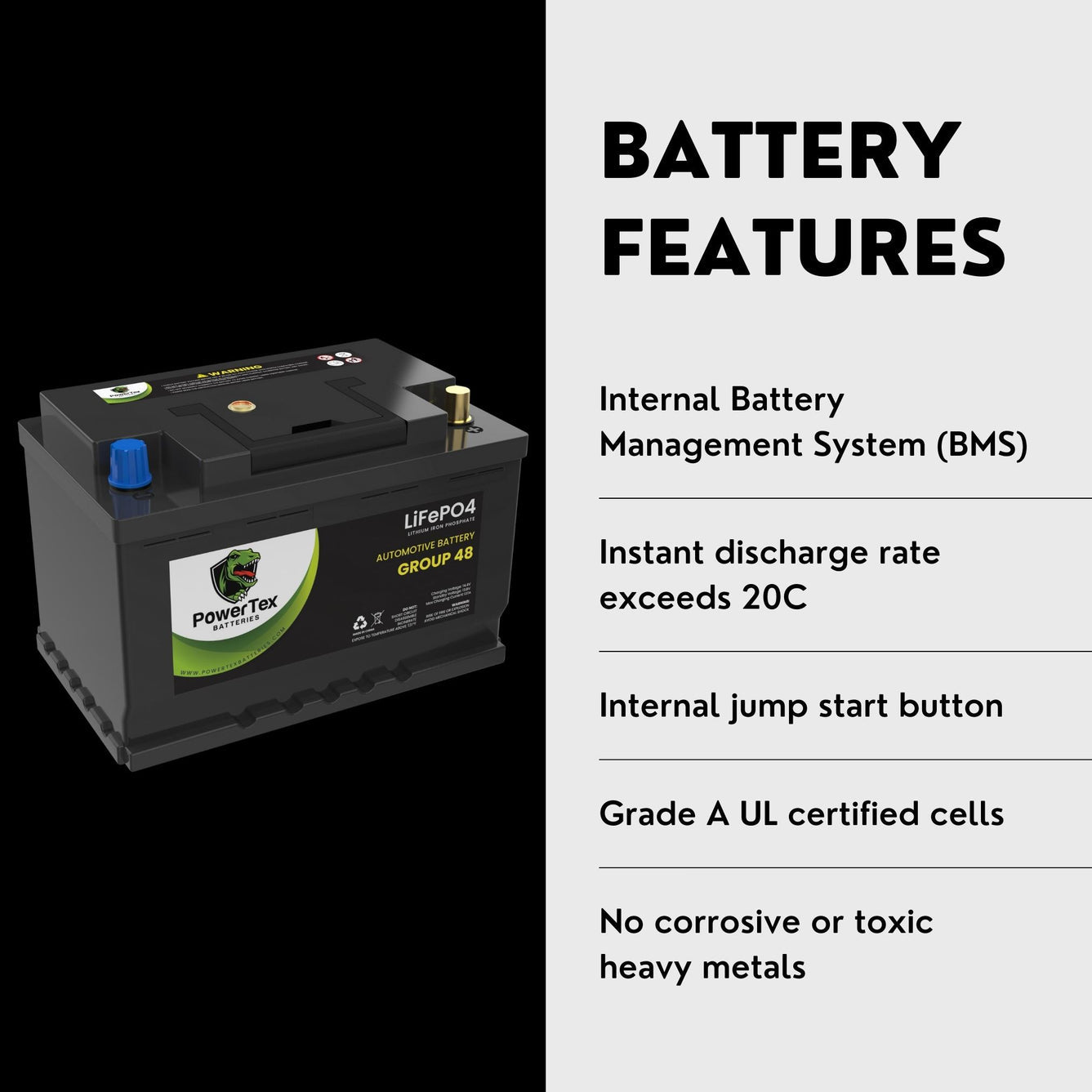 2023 Infiniti QX50 L4 2.0L Replacement Car Battery BCI Group 48 Lithium LiFePO4 Automotive Powertex Battery